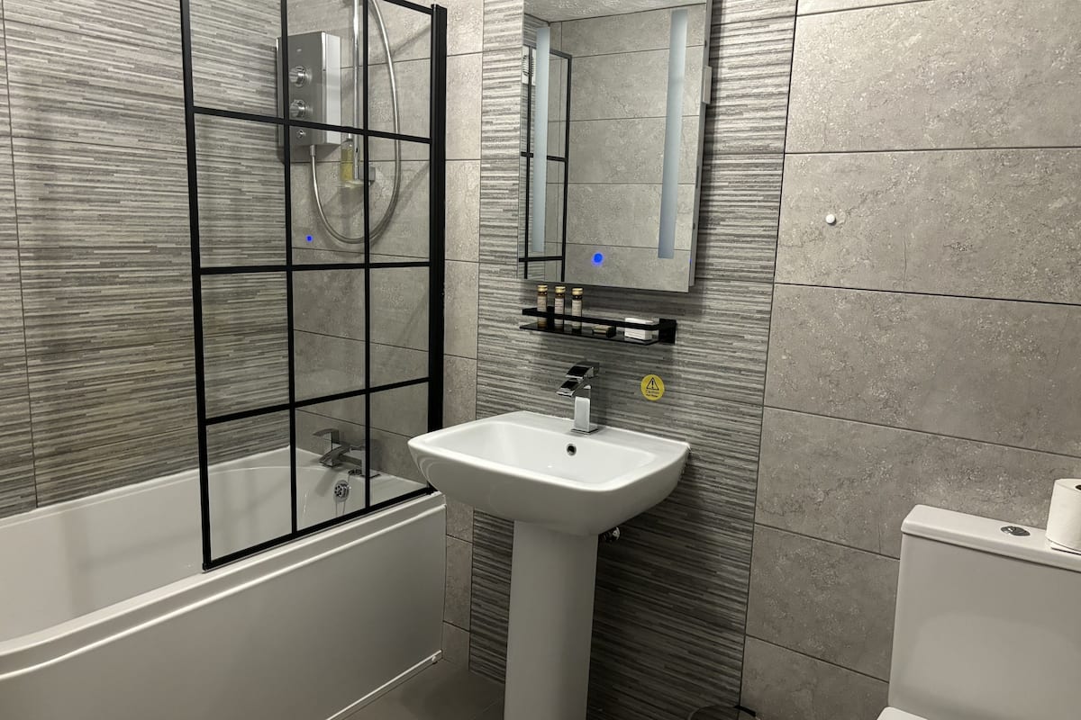 executive room, 1 queen bed, non smoking (with sofabed) | bathroom | combined shower/bathtub, free toiletries, hair dryer, towels