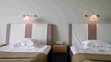 Two twin beds with headboards, a nightstand with a lamp, and a power outlet.