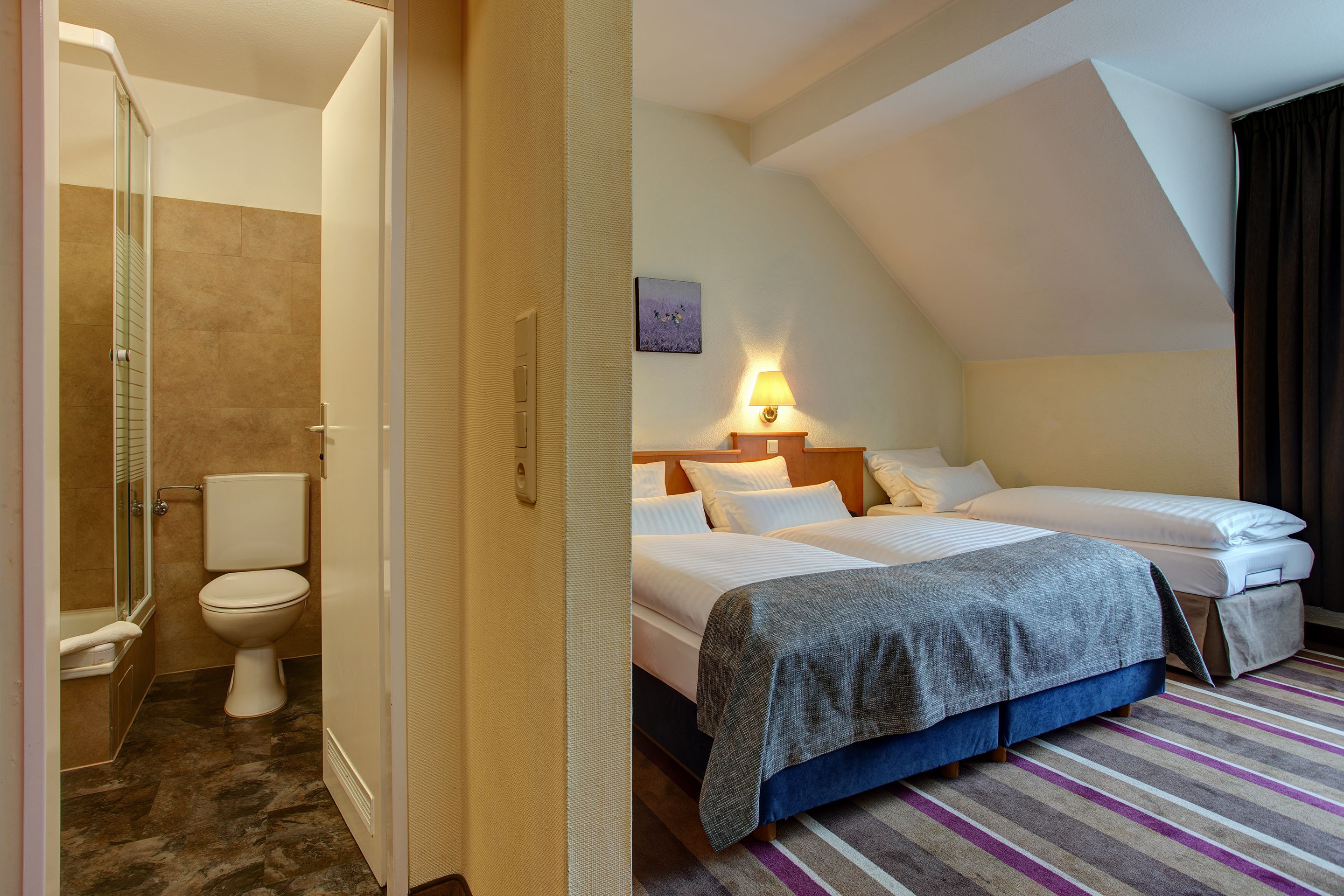 A hotel room with a shower, toilet, two beds, a lamp, and a painting on the wall.