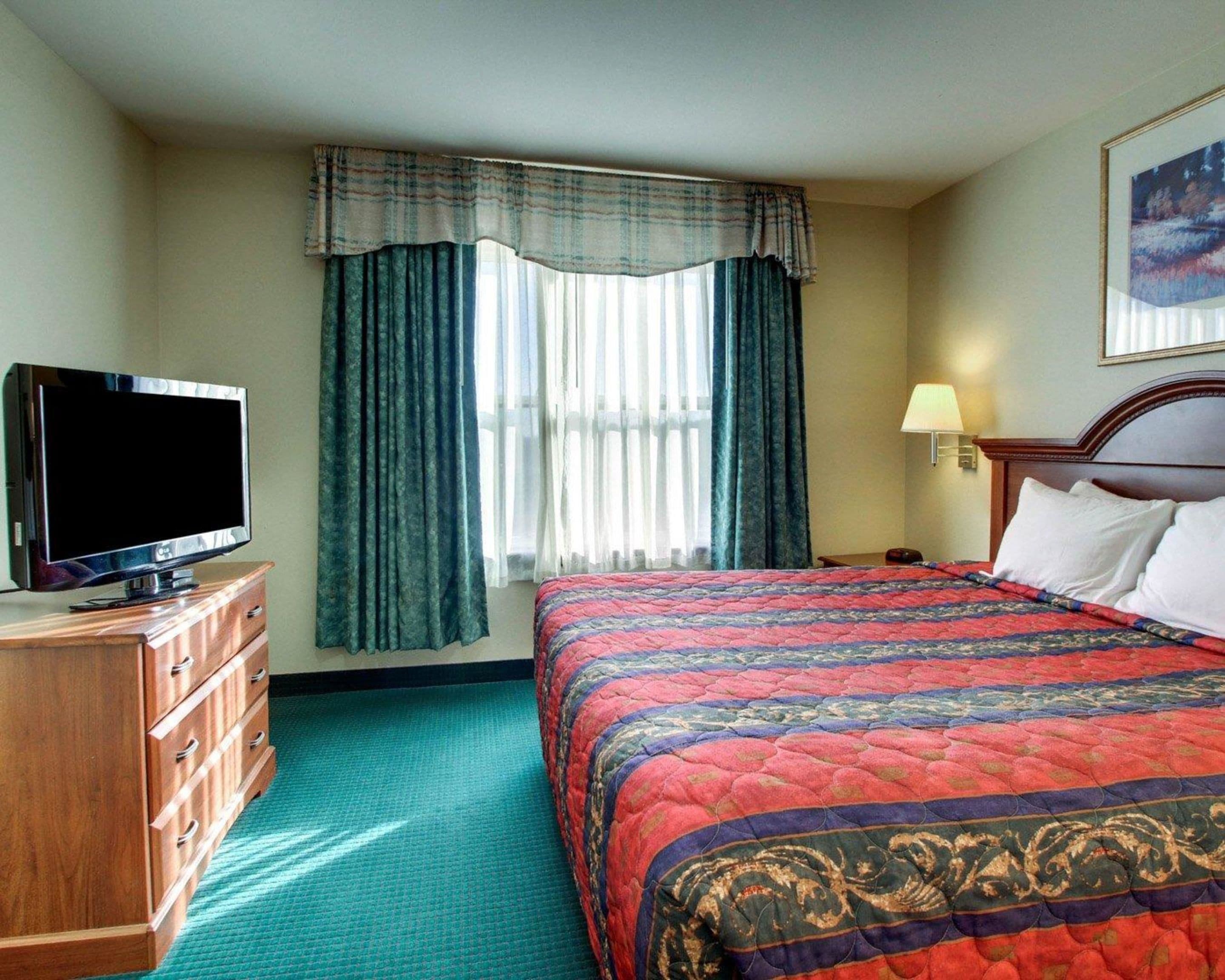 A hotel room with a bed, a TV on a wooden dresser, a window with curtains, and a painting on the wall.