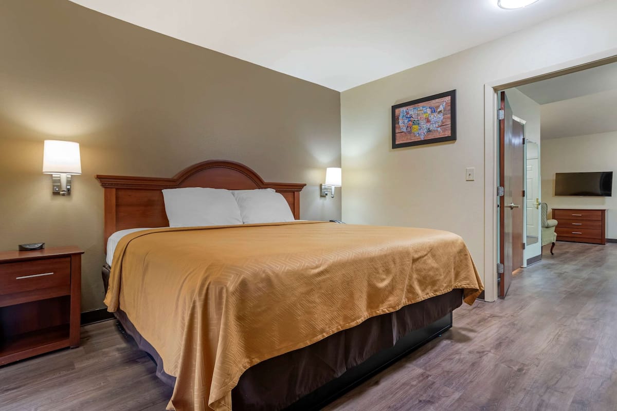 A hotel room with a large bed, two bedside tables, a flat-screen TV, and a painting on the wall.