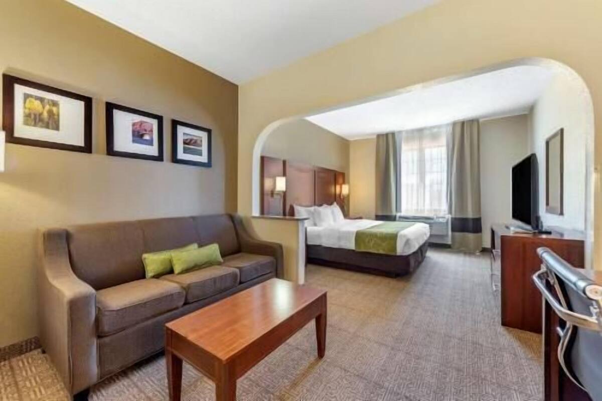 Una habitación de hotel con sofá, cama, televisión y cuadros en la pared.