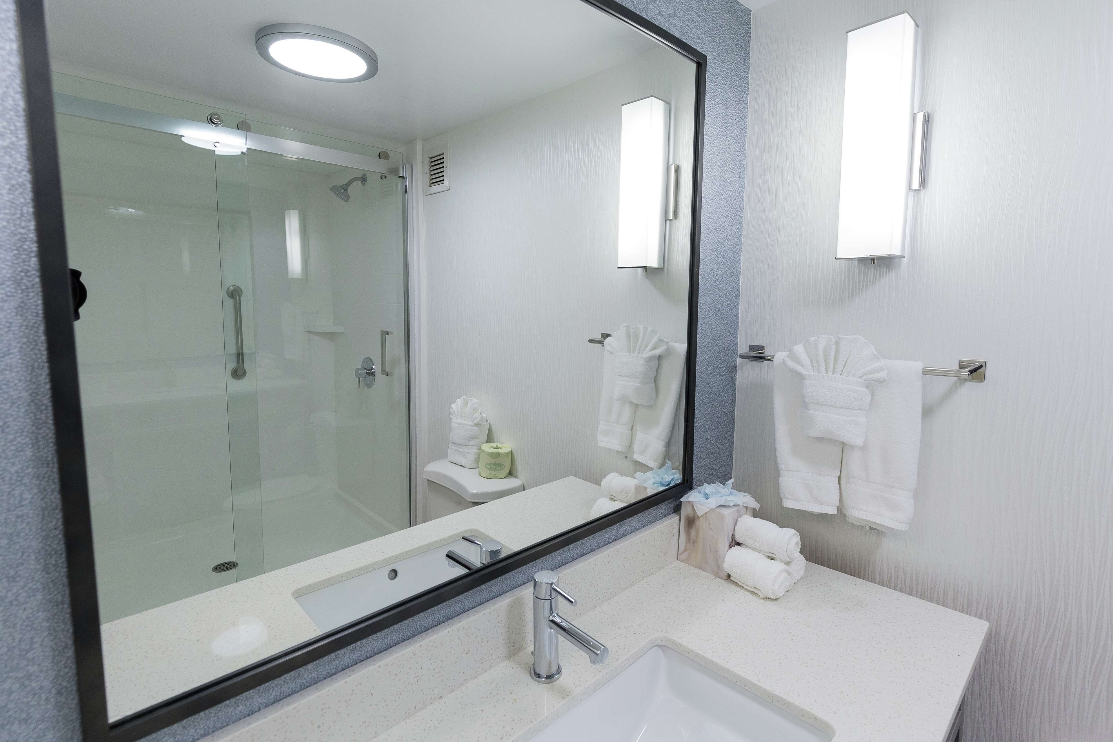 eco-friendly toiletries, hair dryer, towels