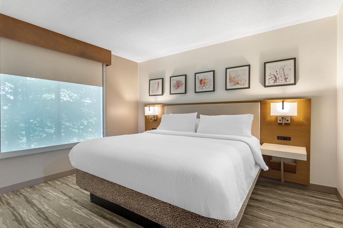 A hotel room with a large bed, a window with a view of trees, and four framed artworks on the wall.