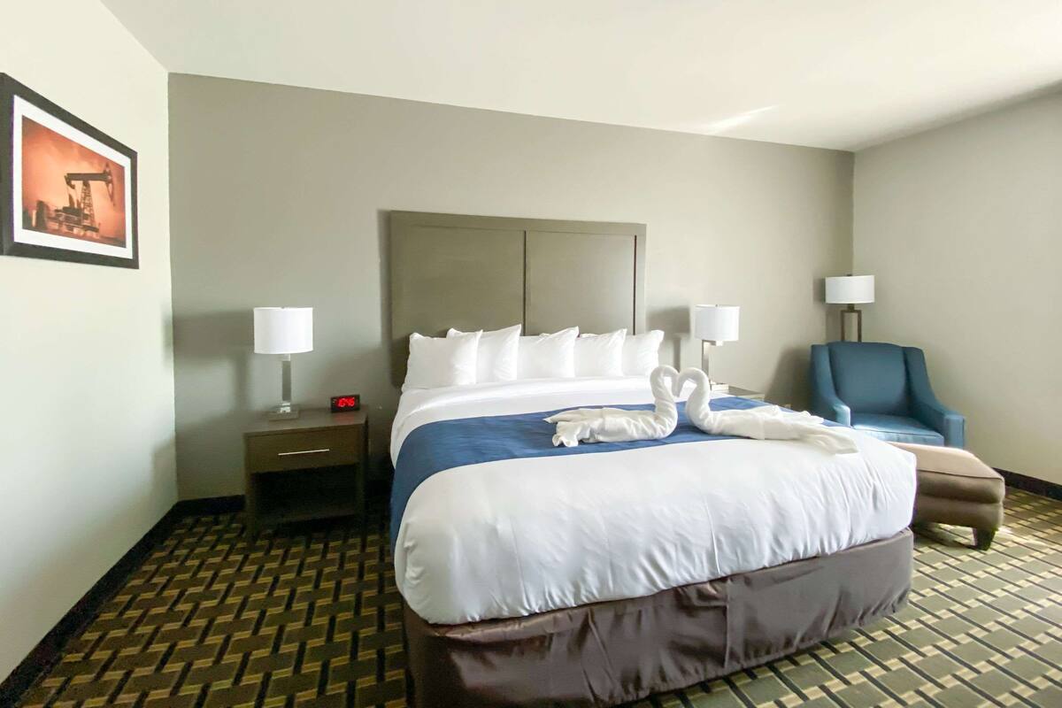 A hotel room with a large bed, two bedside lamps, a chair, and a patterned floor.