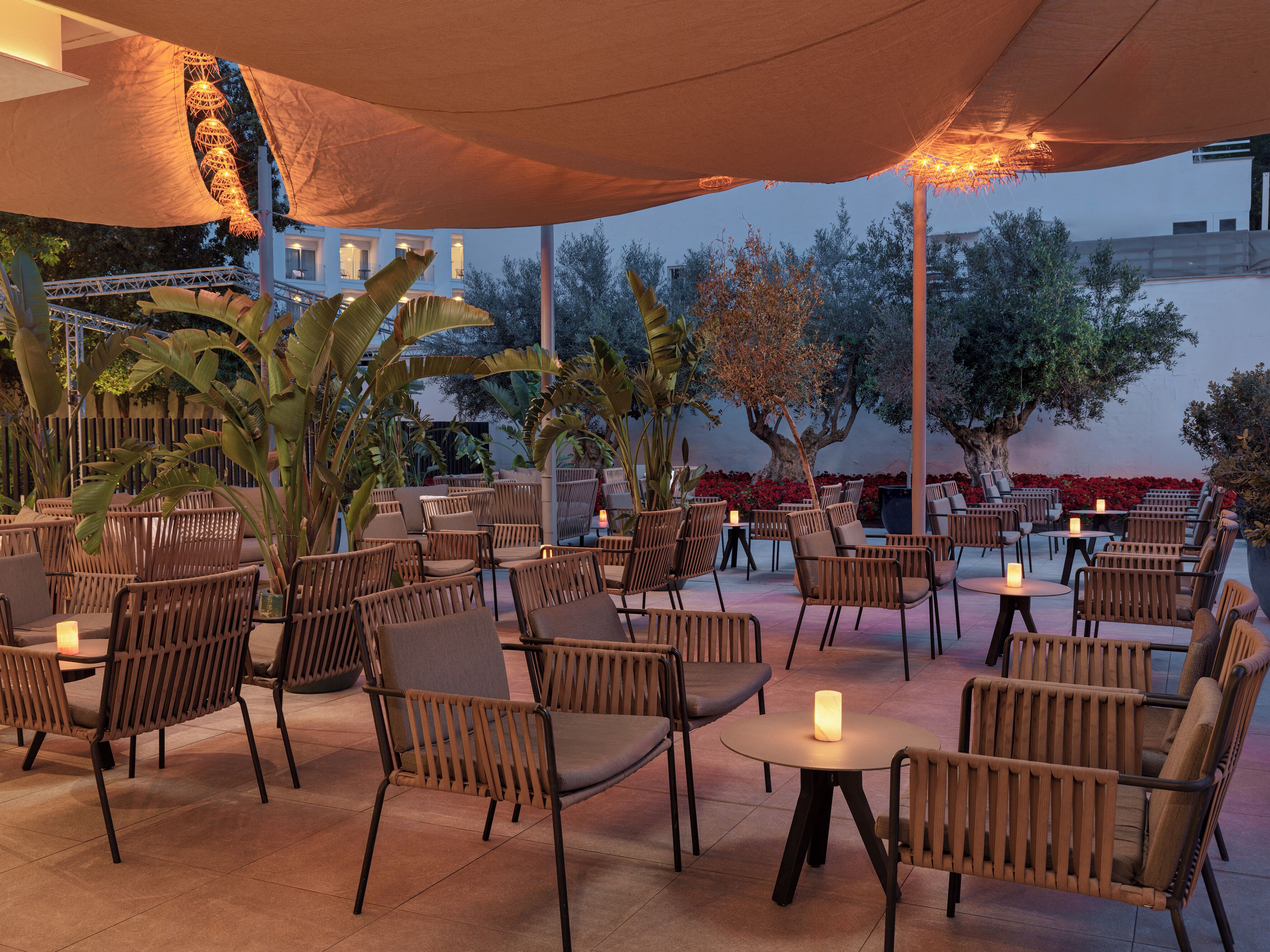An outdoor seating area with wicker chairs and tables, surrounded by large potted plants and trees.