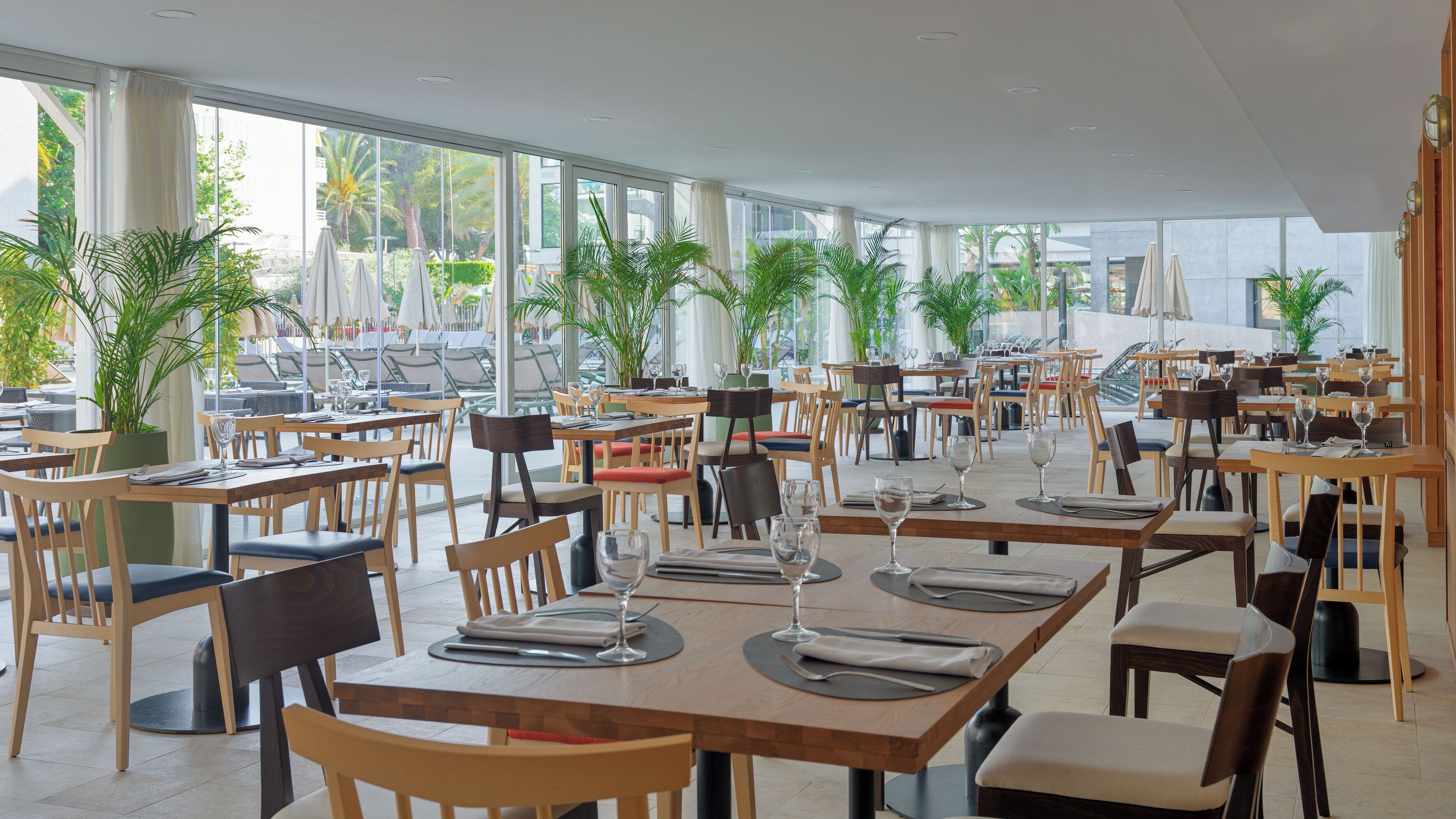 Un restaurante espacioso con varias mesas y sillas, amplias ventanas que ofrecen vistas al exterior y plantas en macetas que aportan verdor.