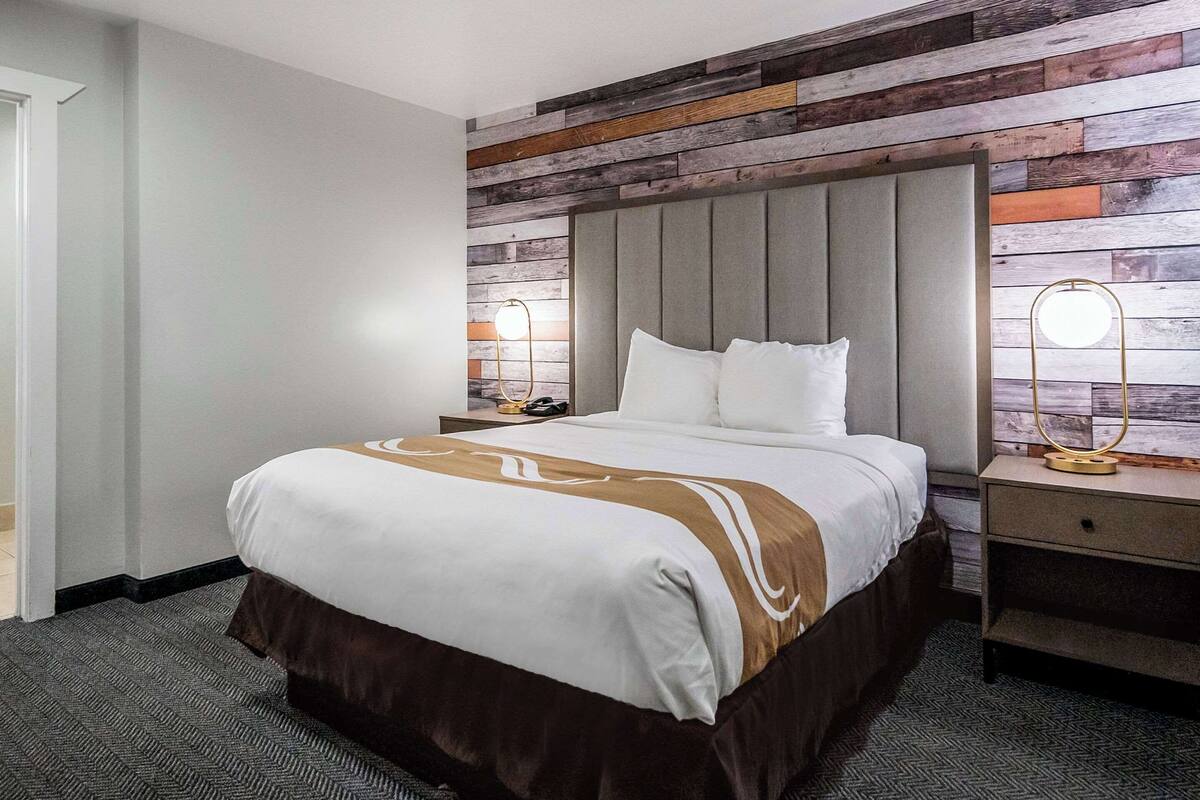 A hotel room with a large bed, a wooden accent wall, a nightstand with a lamp, and a dresser.
