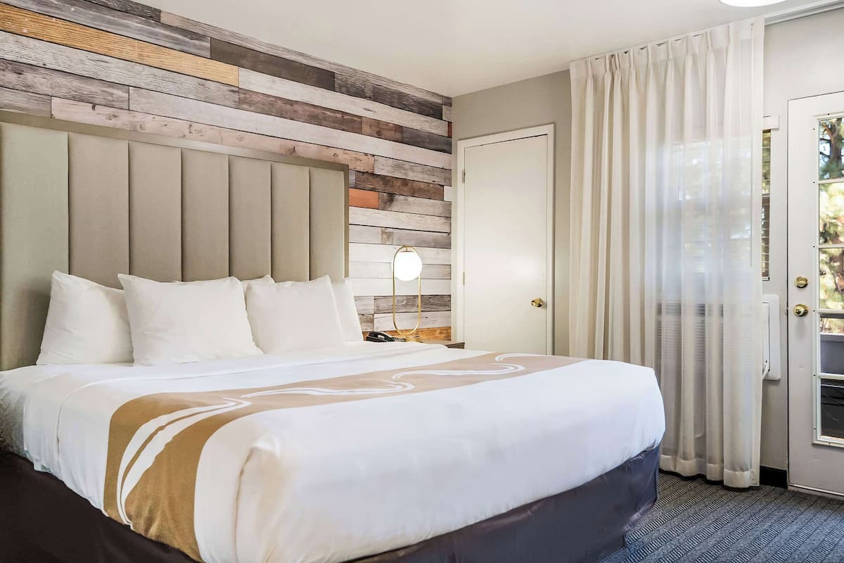 A hotel room with a large bed, a wooden wall panel, a bedside lamp, and a door with a view.