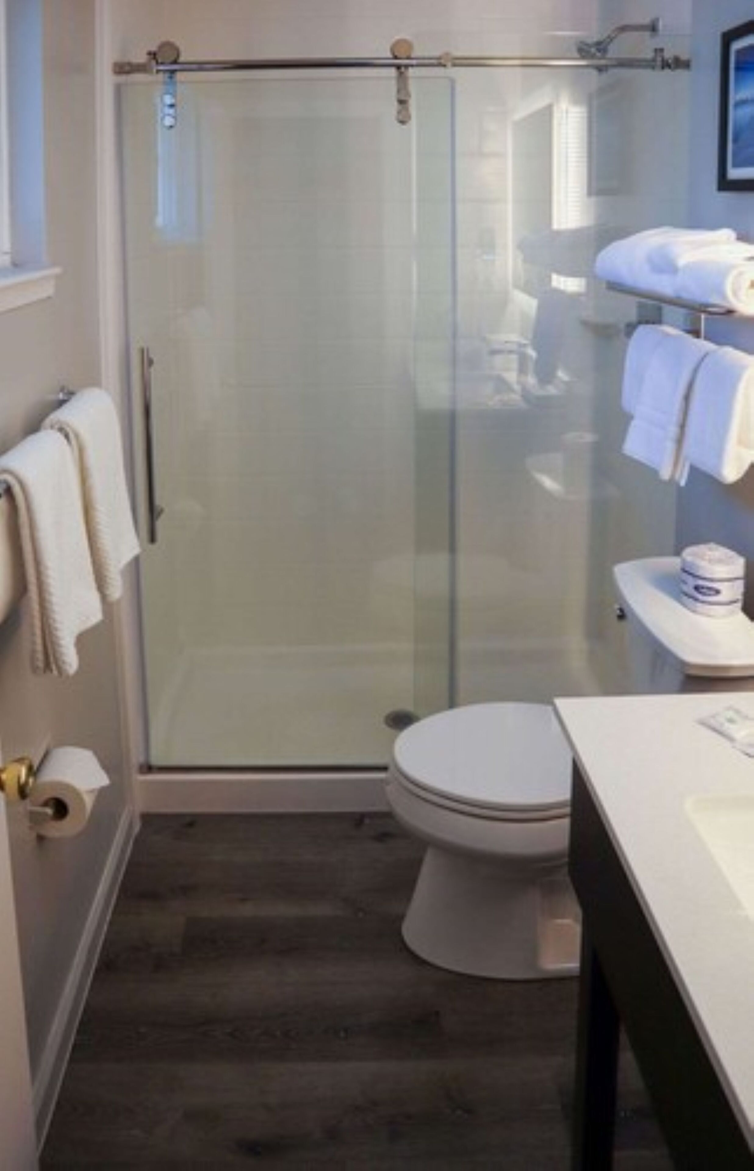 A modern bathroom with a glass-enclosed shower, a toilet, and a sink.