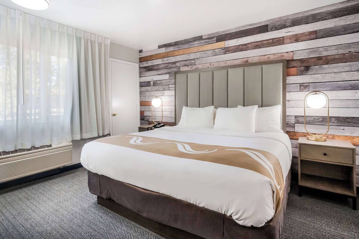 A hotel room with a large bed, wooden wall paneling, a bedside table with a lamp, and a window with sheer curtains.