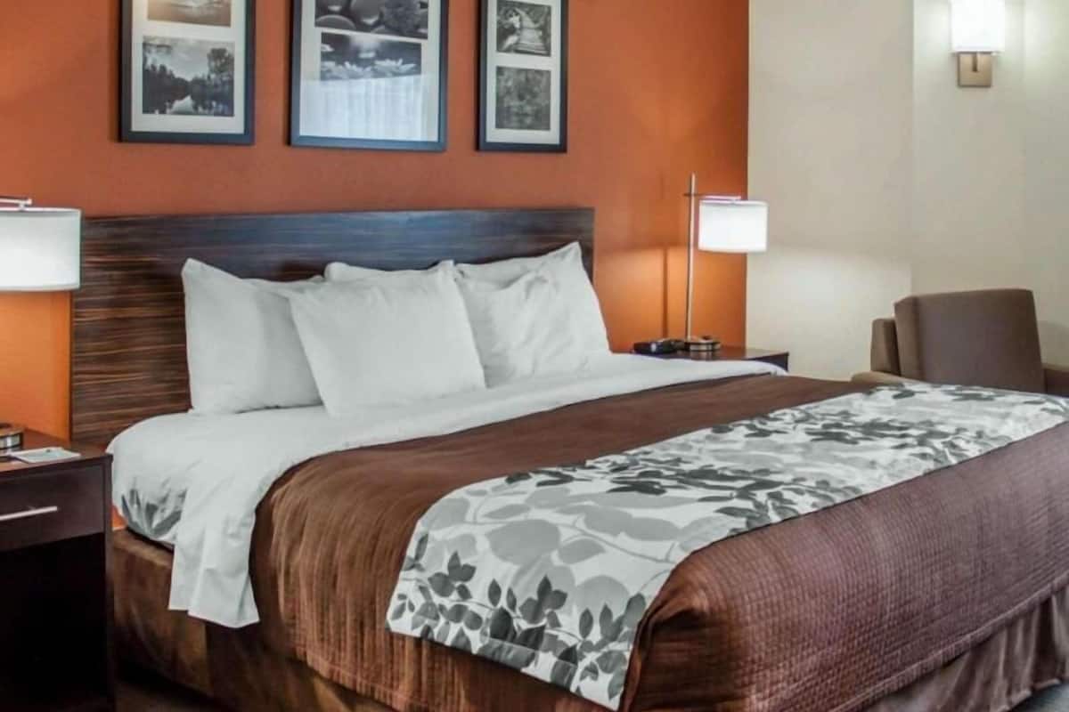 Premium bedding, desk, laptop workspace, blackout curtains