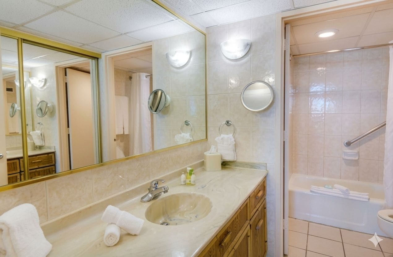 A bathroom with a large mirror, a sink, a shower, and a toilet.