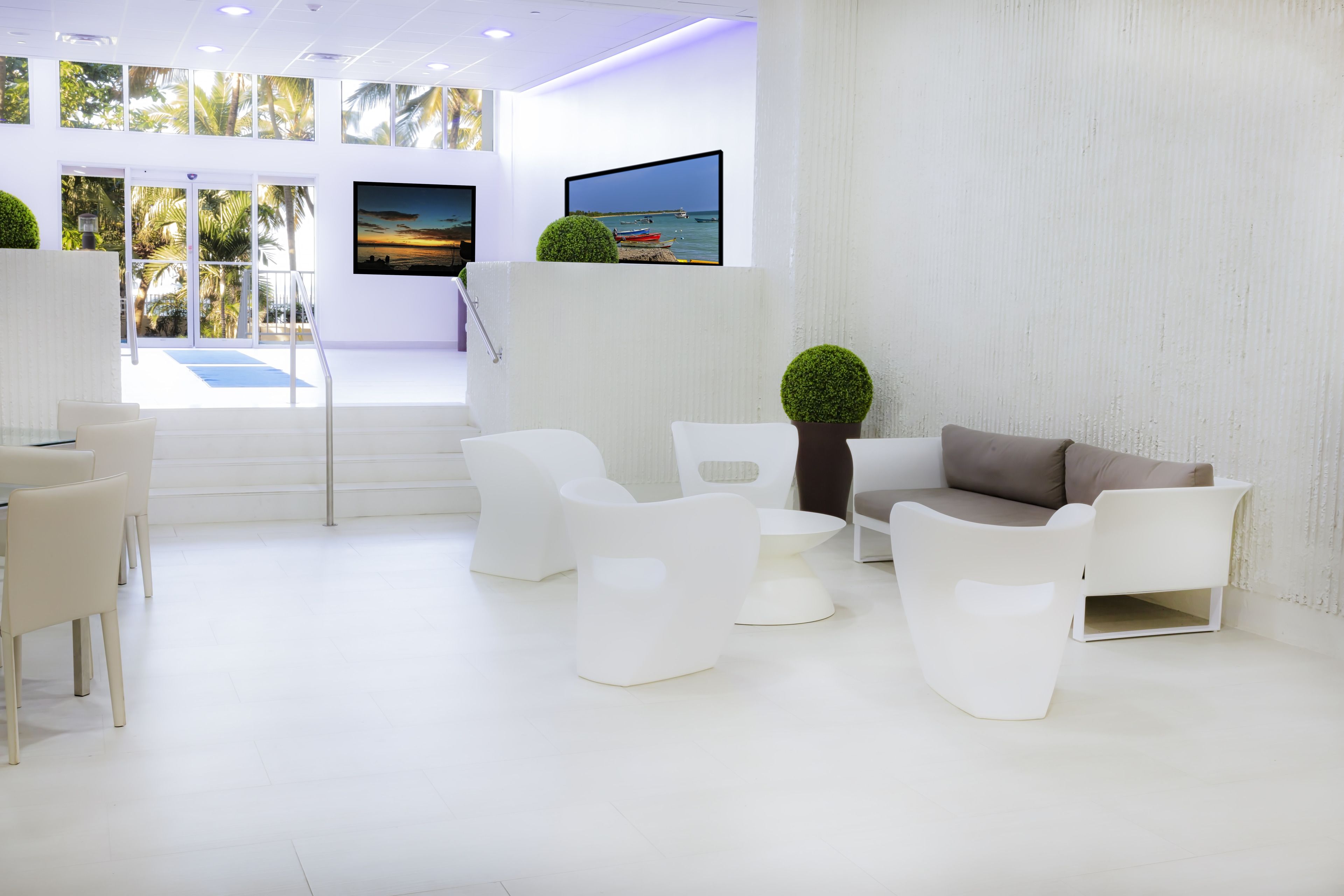 A modern, minimalist lounge area with white furniture, a large flat-screen TV, and a view of palm trees through large windows.