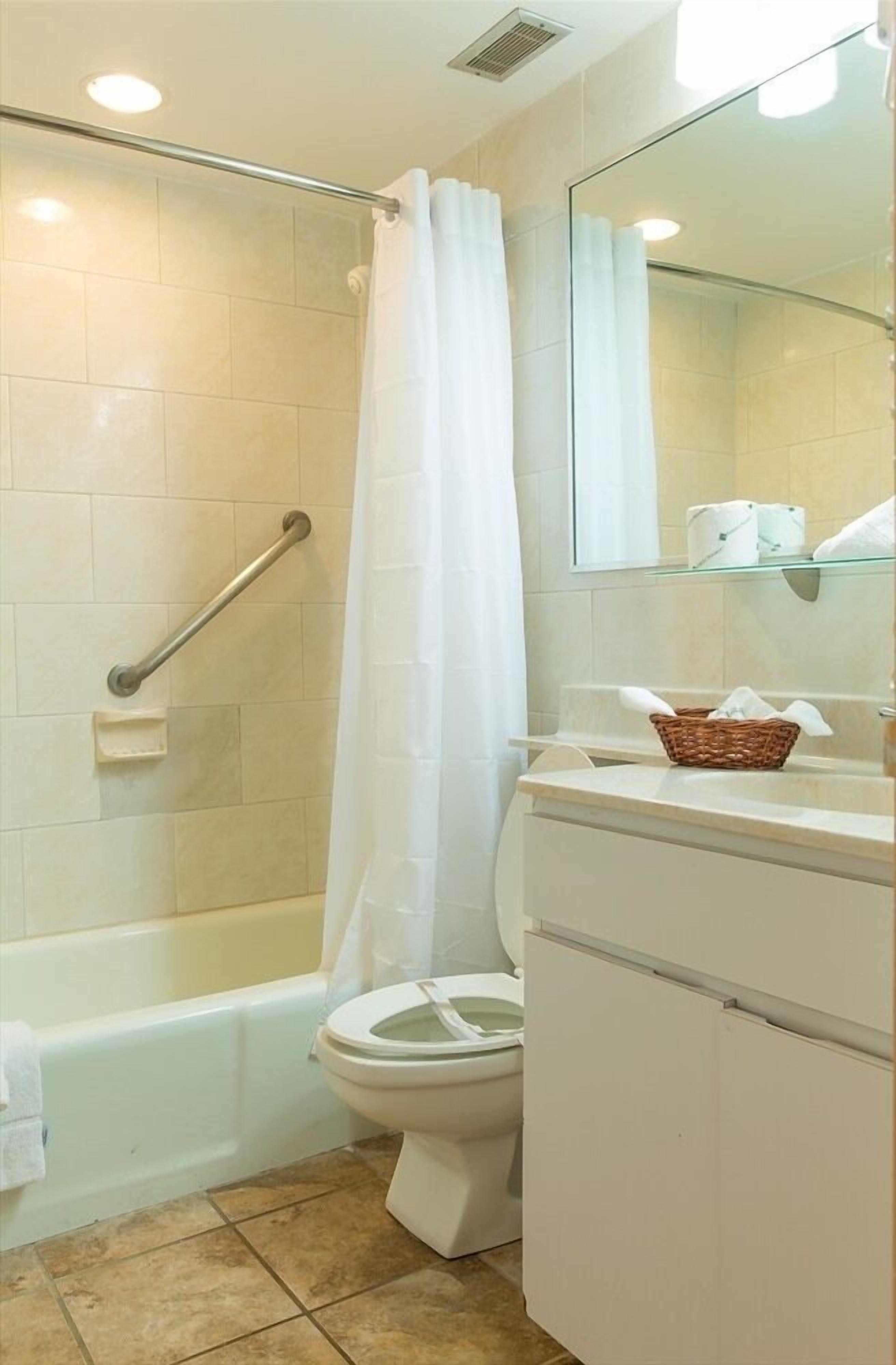 A bathroom with a shower, toilet, and a vanity with a mirror.