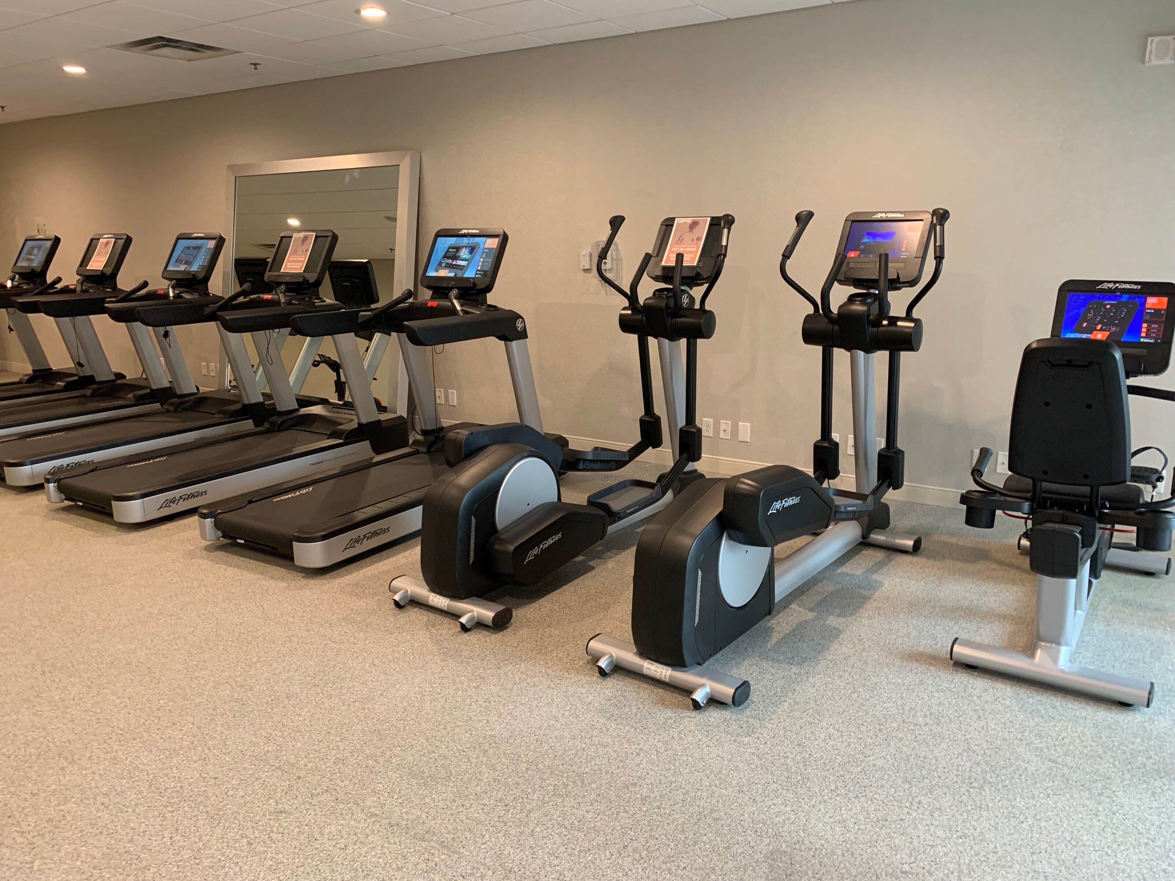 Una fila de cintas de correr y máquinas elípticas en un área de gimnasio con piso alfombrado y un espejo en la pared.