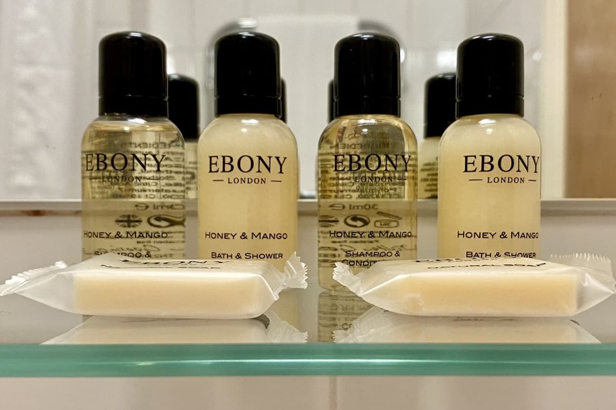 free toiletries, hair dryer, towels, soap