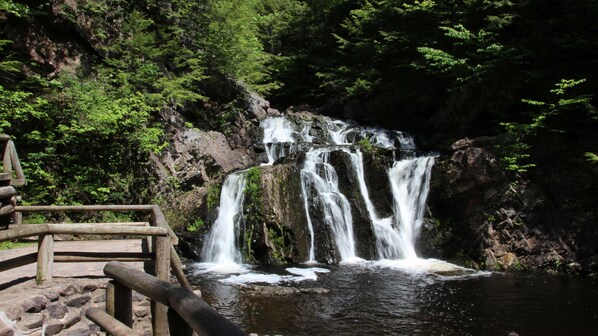 A wooden viewing platform with a waterfall in the background.