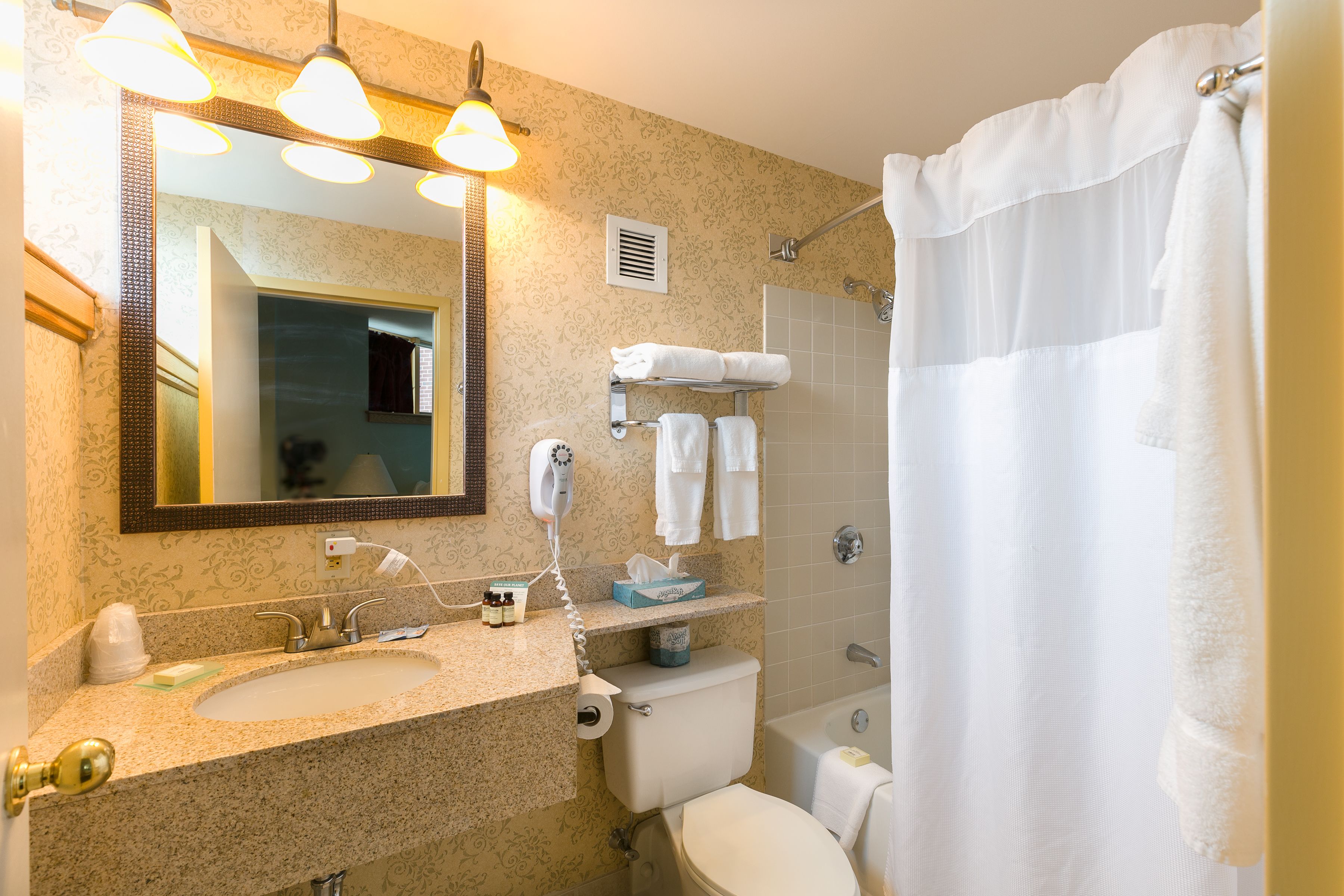 combined shower/bathtub, hair dryer, towels