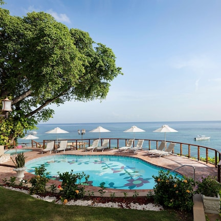 A pool area with lounge chairs and umbrellas, surrounded by greenery and overlooking the sea.