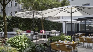 Un café al aire libre con mesas y sillas, rodeado de vegetación y un seto.
