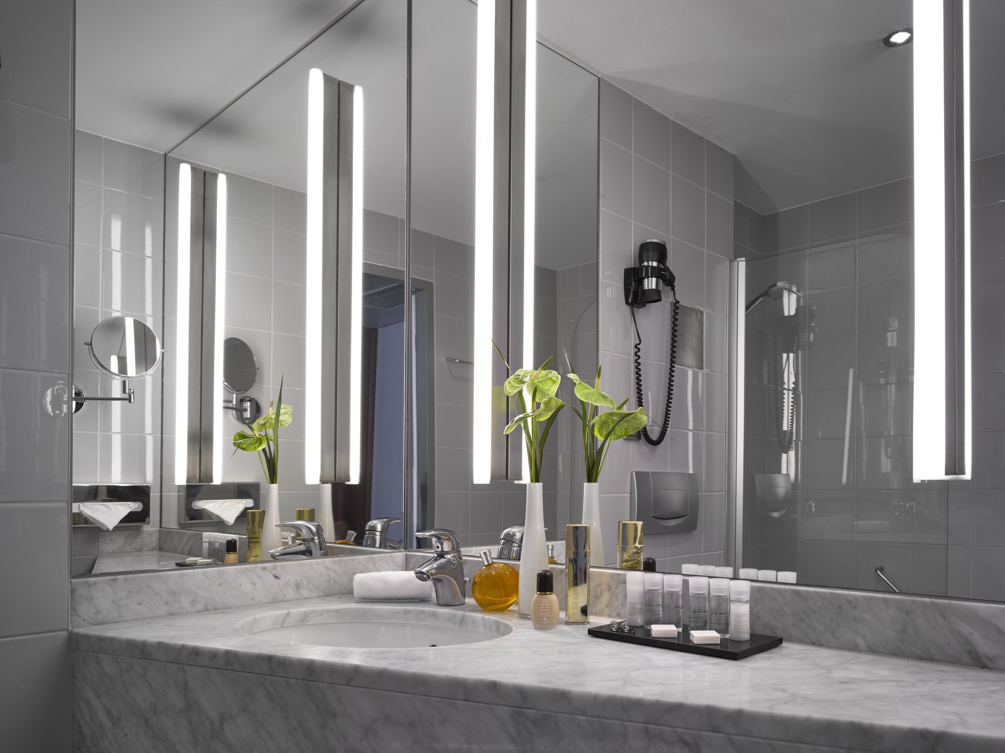 combined shower/bathtub, free toiletries, hair dryer, towels