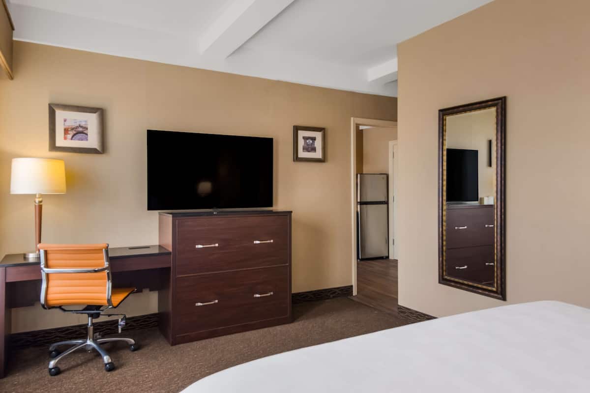 A hotel room with a bed, a desk with a chair, a television, a dresser, and a mirror.