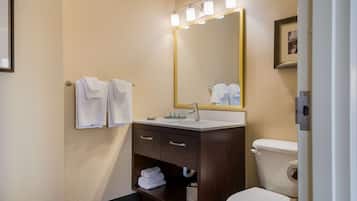 Une salle de bain équipée d’un meuble-lavabo, d’un lavabo, d’un miroir et de toilettes.