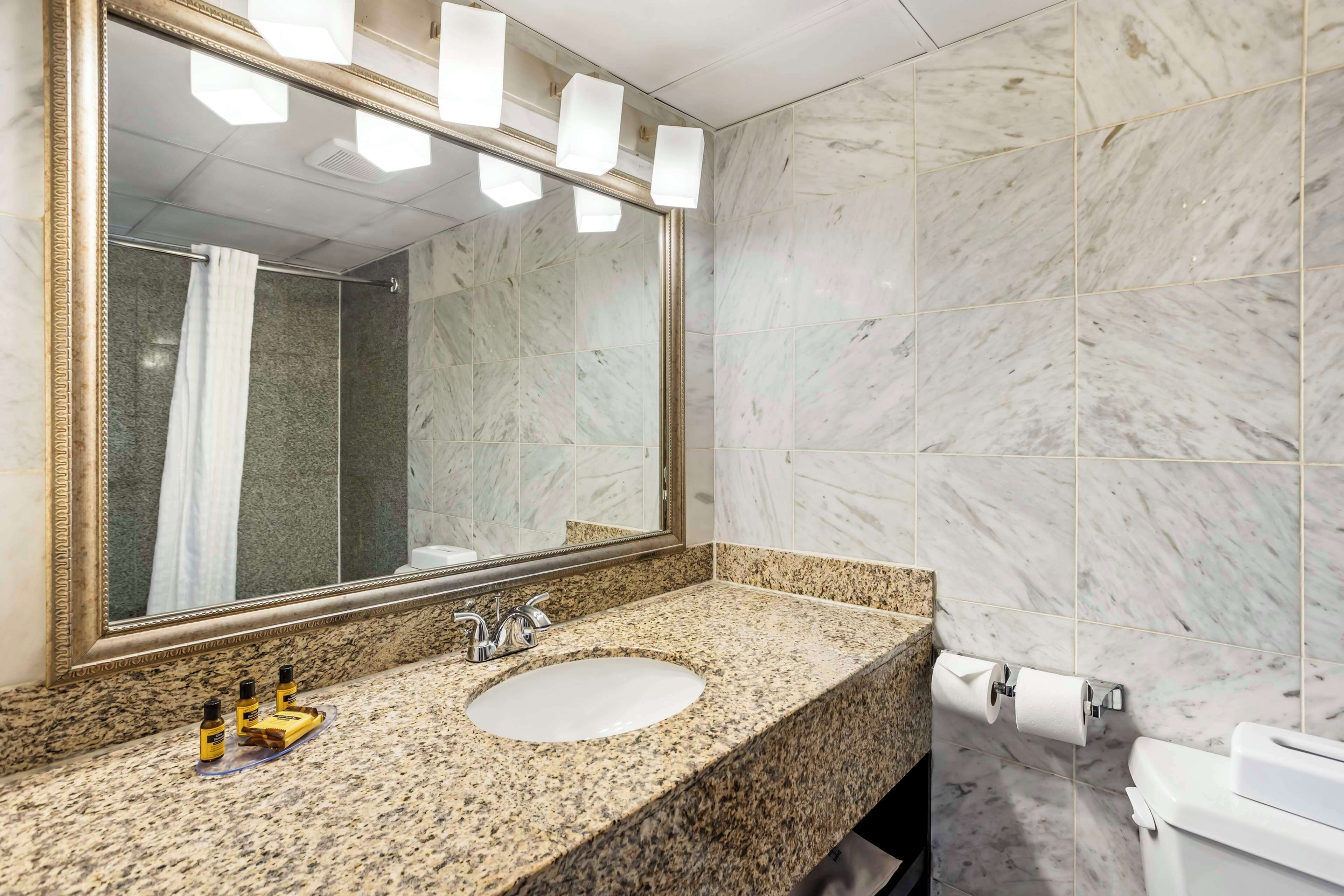 combined shower/bathtub, free toiletries, hair dryer, towels