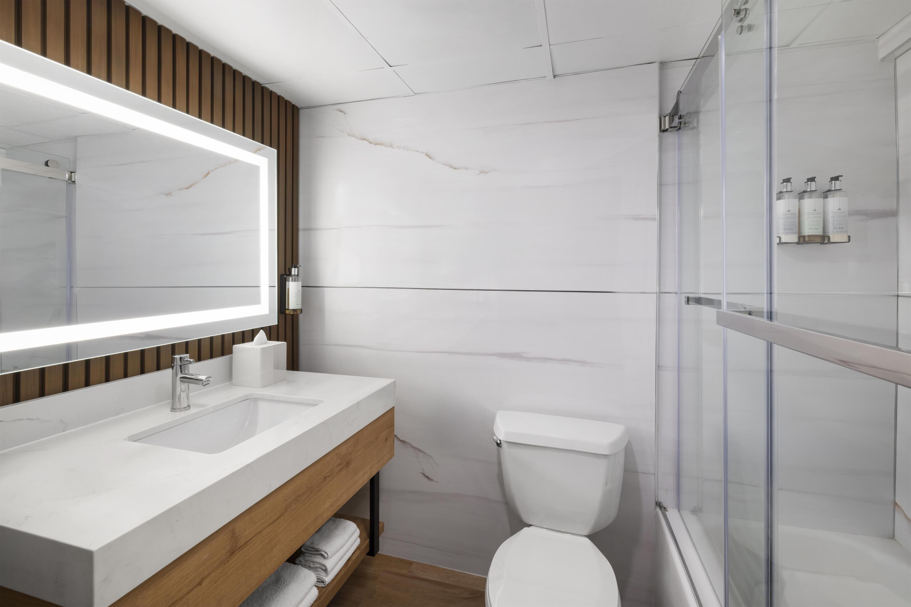 Combined shower/bathtub, free toiletries, hair dryer, towels