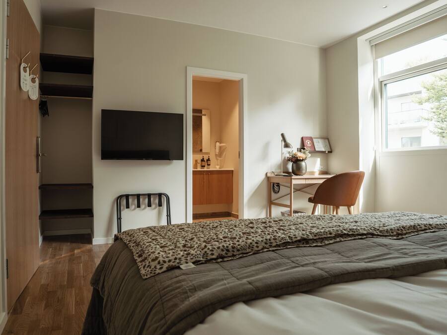 A bedroom with a bed, a desk, a chair, a TV, a wardrobe, and a window.