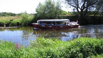 A boat with passengers on a calm river surrounded by greenery.