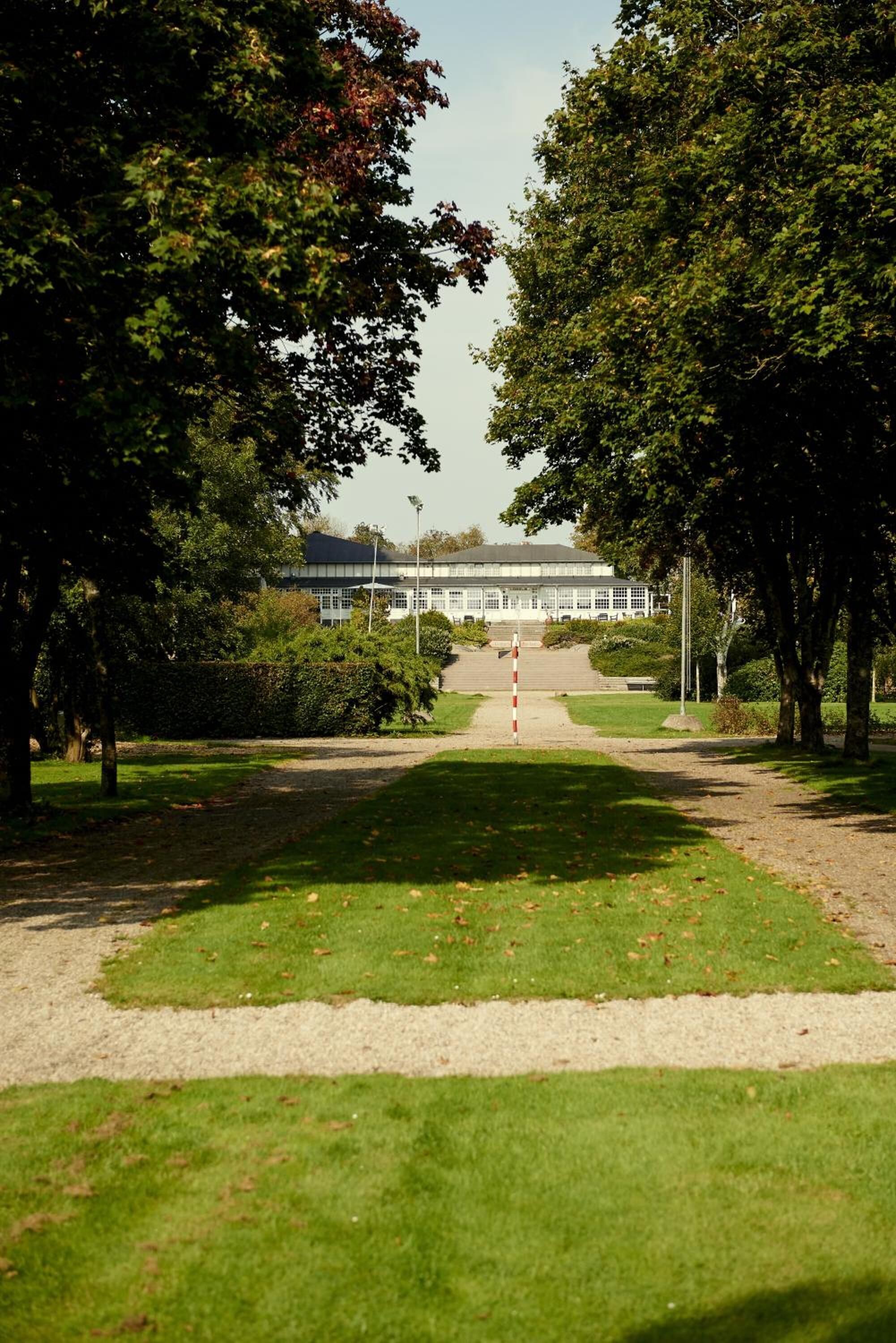 A pathway leading to a building surrounded by trees and grass.