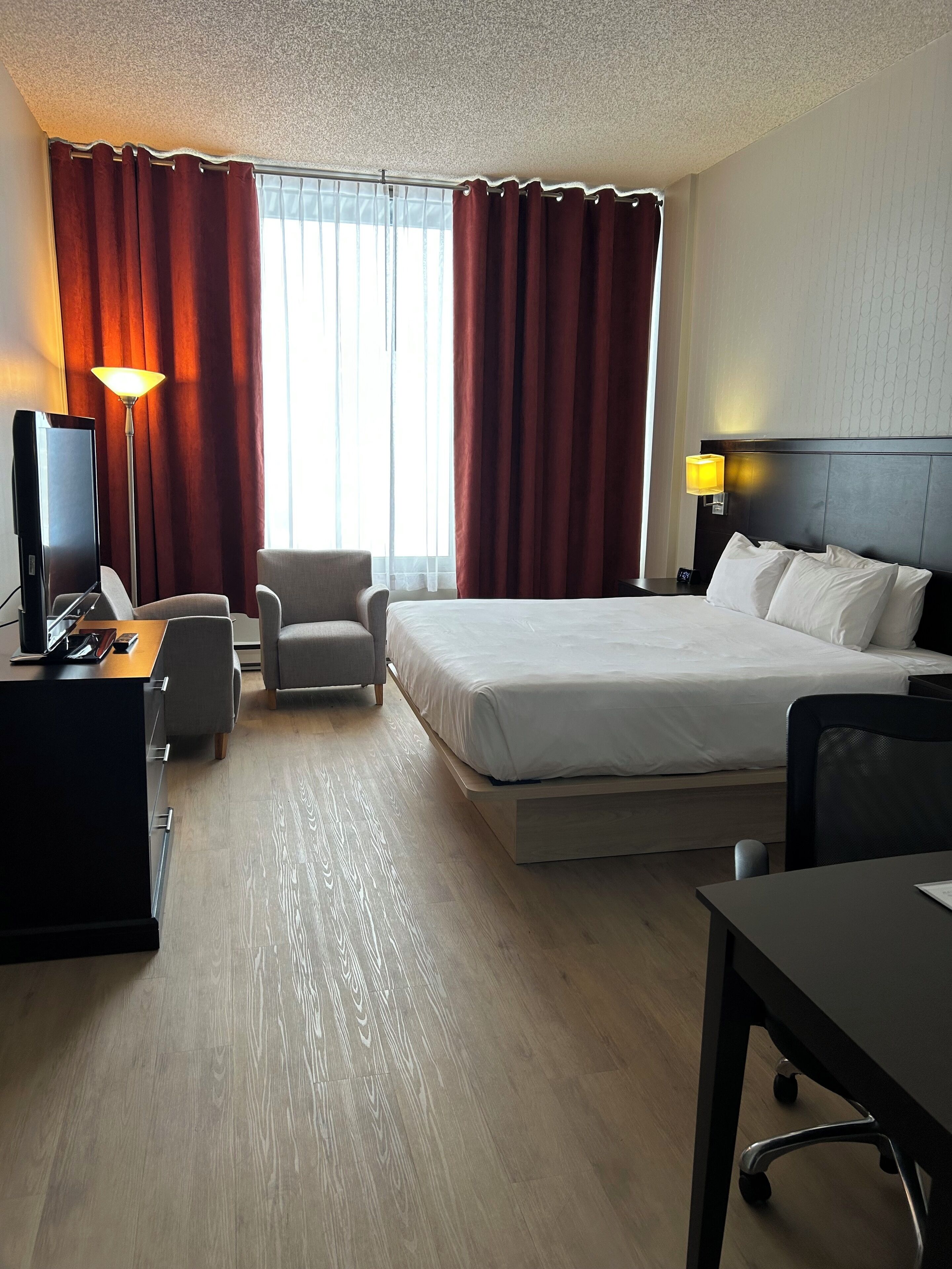 Hypo-allergenic bedding, desk, laptop workspace, iron/ironing board