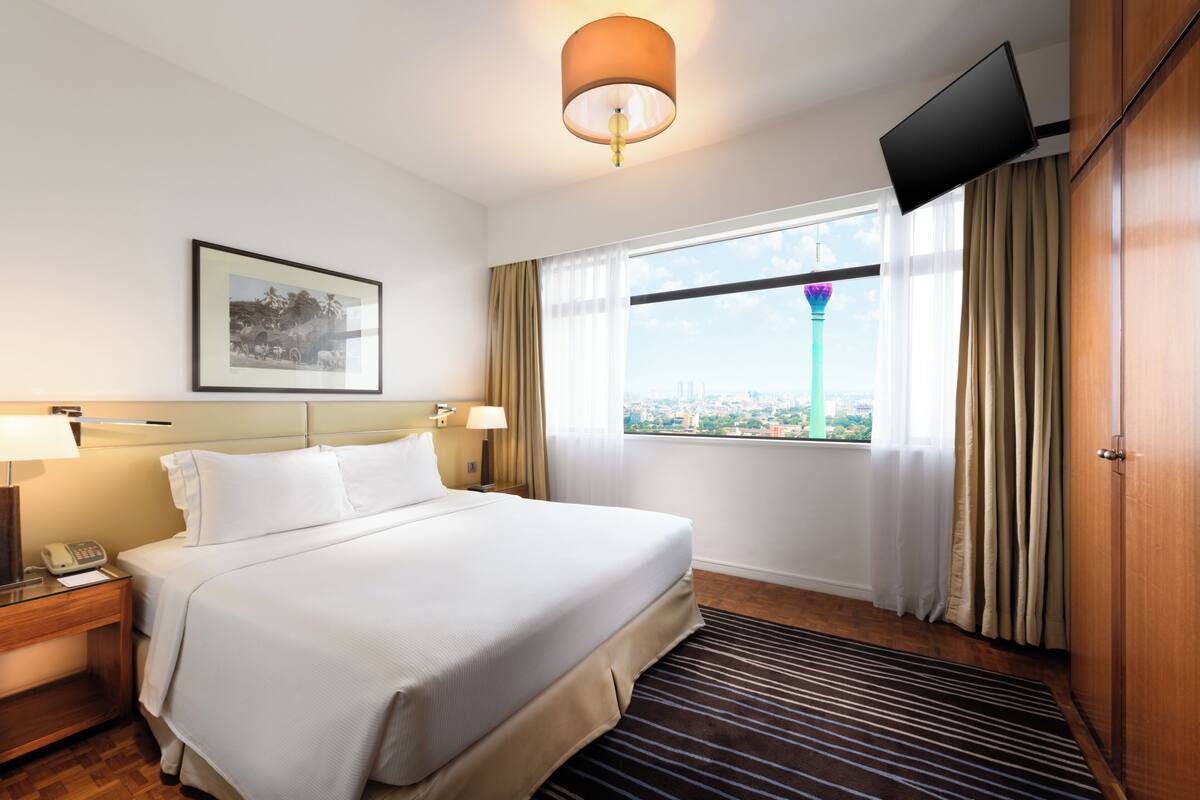 A hotel room with a bed, bedside lamps, a mounted TV, a window with curtains, a framed picture on the wall, and a city view.
