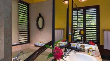 Separate tub and shower, free toiletries, hair dryer, bathrobes