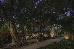 Un área de comedor al aire libre con mesas y sillas bajo árboles grandes, rodeada de vegetación exuberante e iluminada con luces suaves.