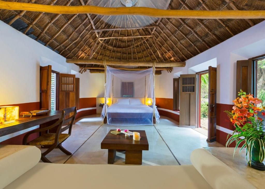 Habitación con cama, escritorio y silla. Se ve follaje por la ventana.
