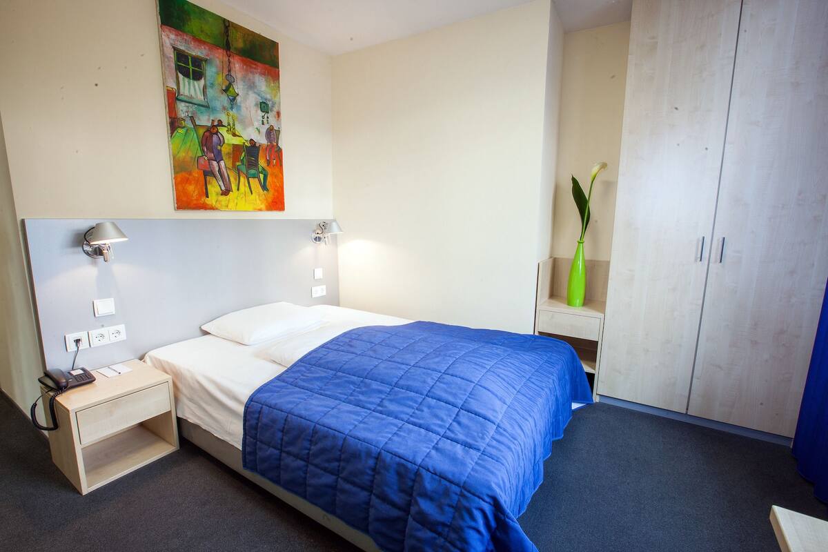A hotel room with a bed, bedside lamps, a nightstand, a telephone, a painting on the wall, a vase with a plant, and a wardrobe.