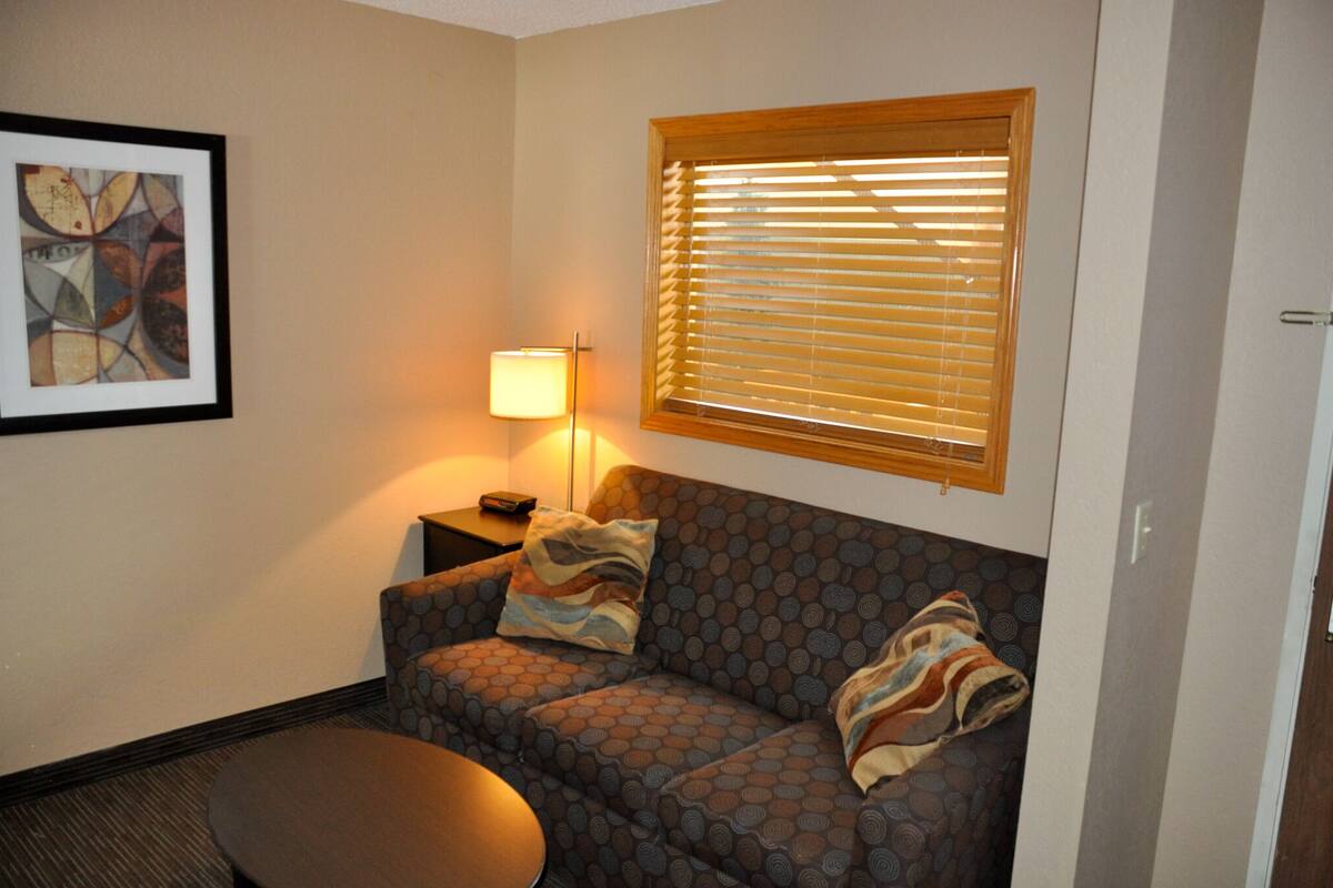 deluxe suite, 1 king bed, non smoking (1 bedroom) | living area | 50-inch tv with cable channels, netflix, hulu