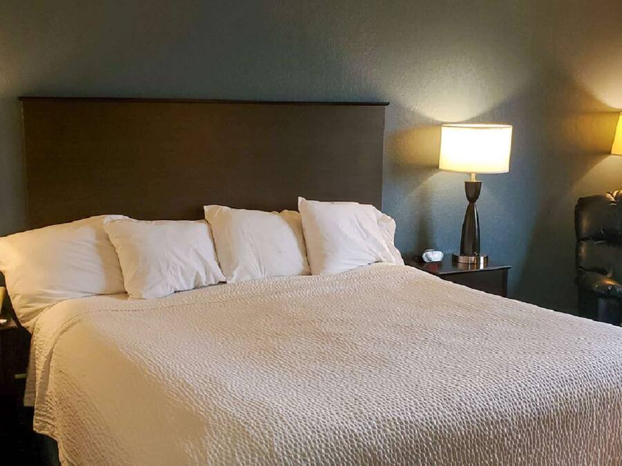 A hotel room with a large bed, a nightstand with a lamp, and a leather chair.