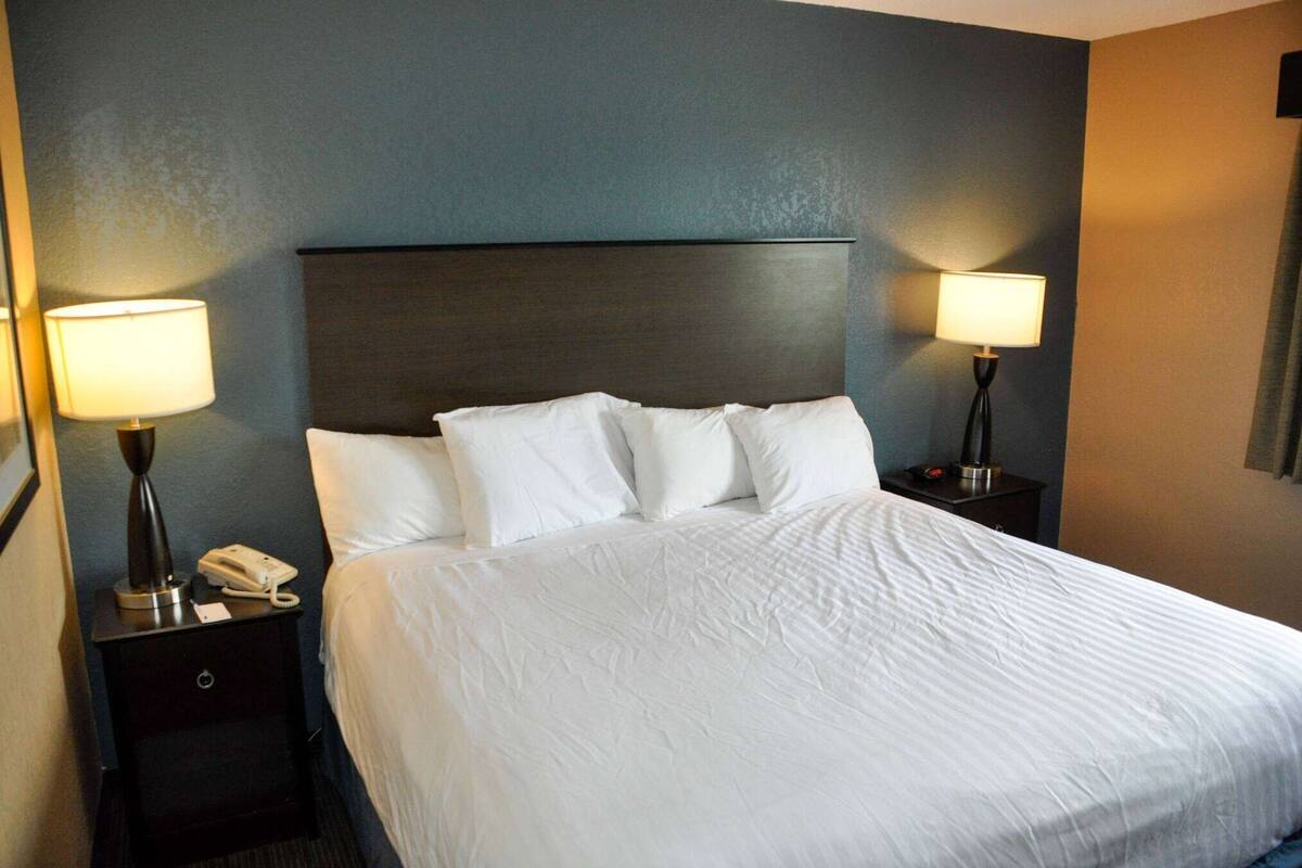 A neatly made bed with white linens, two bedside lamps, and a telephone on a nightstand.