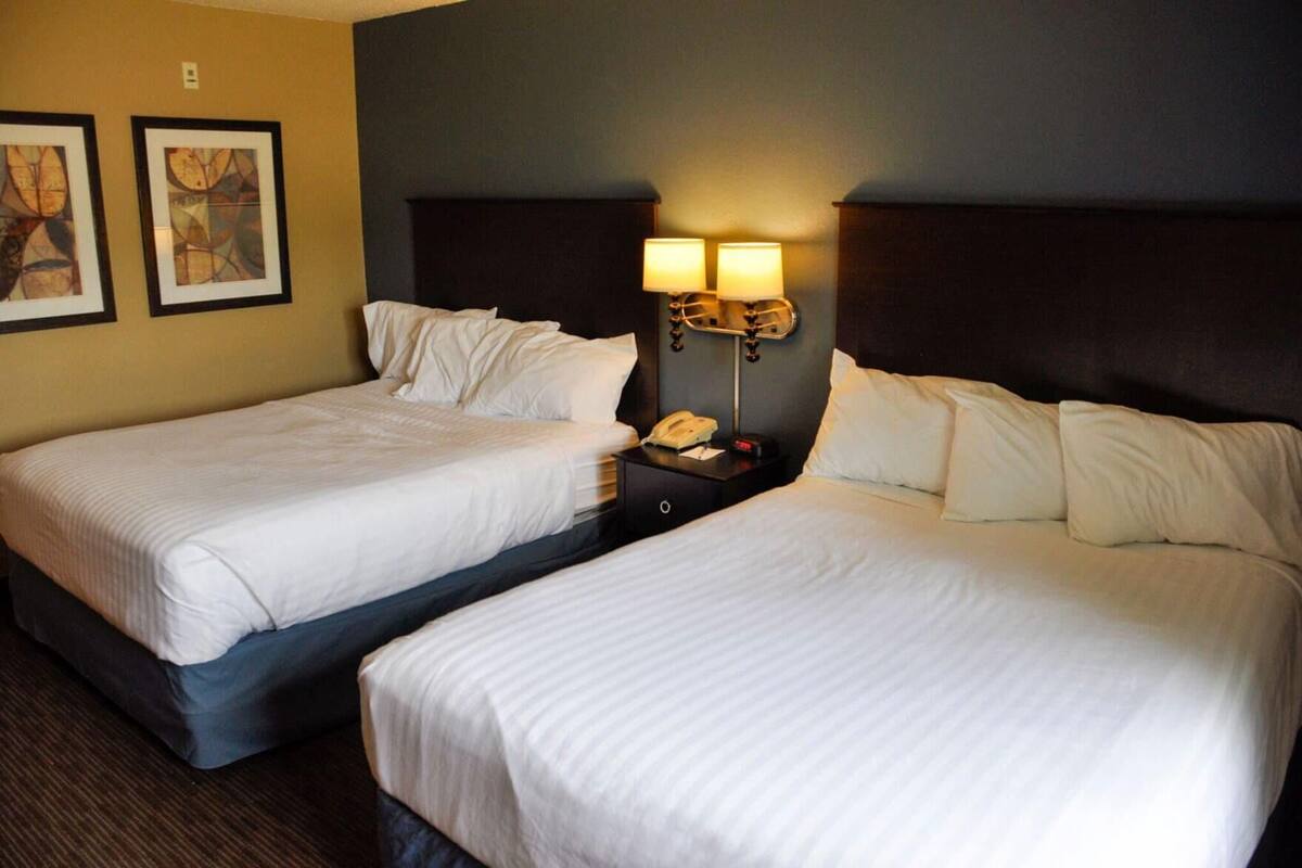 Two adjacent beds with white linens, a nightstand with a lamp, and framed artwork on the wall.