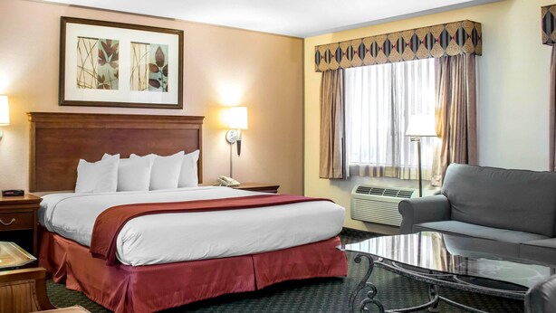 Une chambre d’hôtel avec un grand lit, un canapé, une table basse en verre, une table de chevet, une lampe et un tableau encadré au mur.