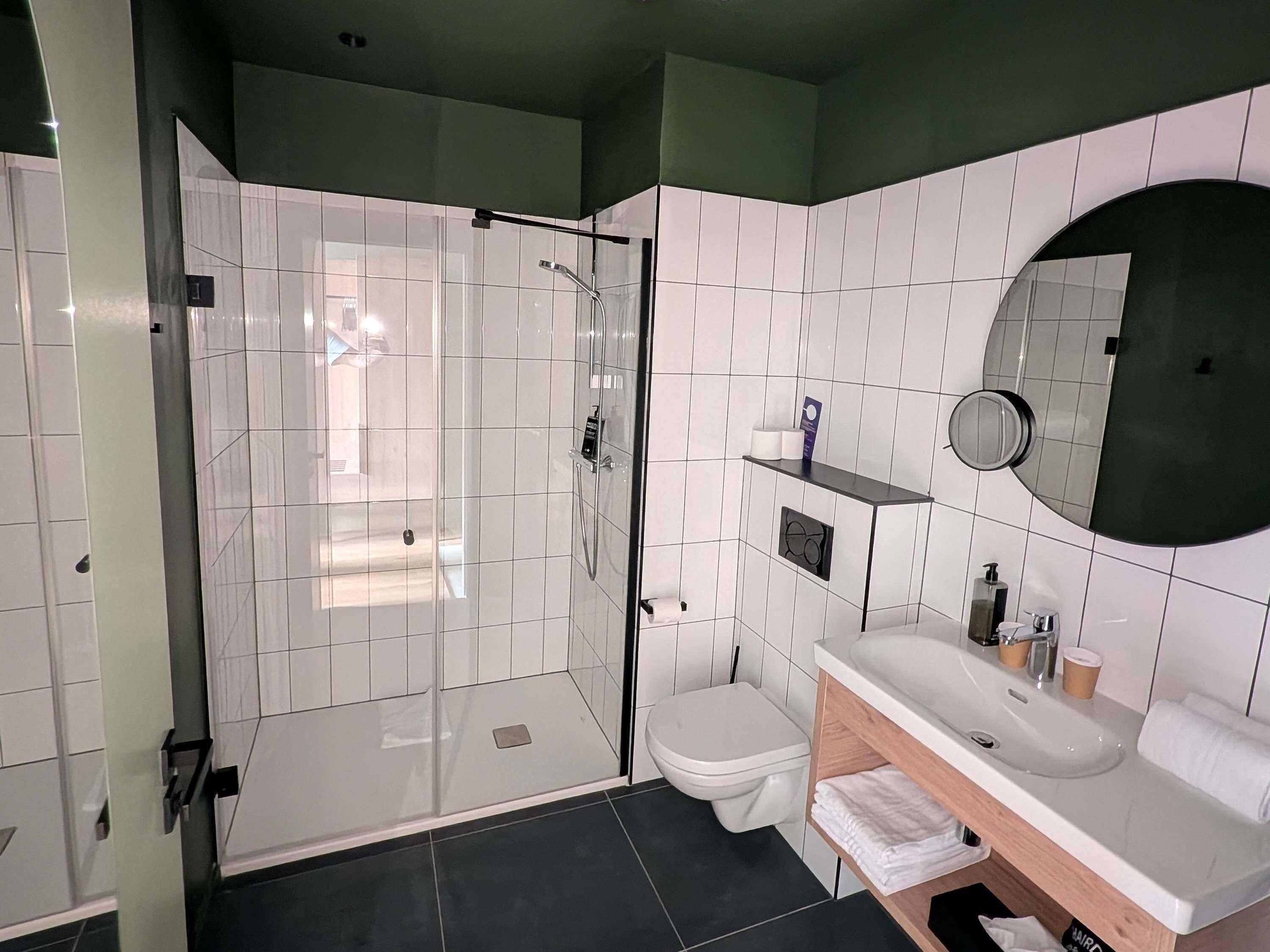 Ein modernes Badezimmer mit einer Duschkabine, einer Toilette und einem Waschtisch mit Spiegel.