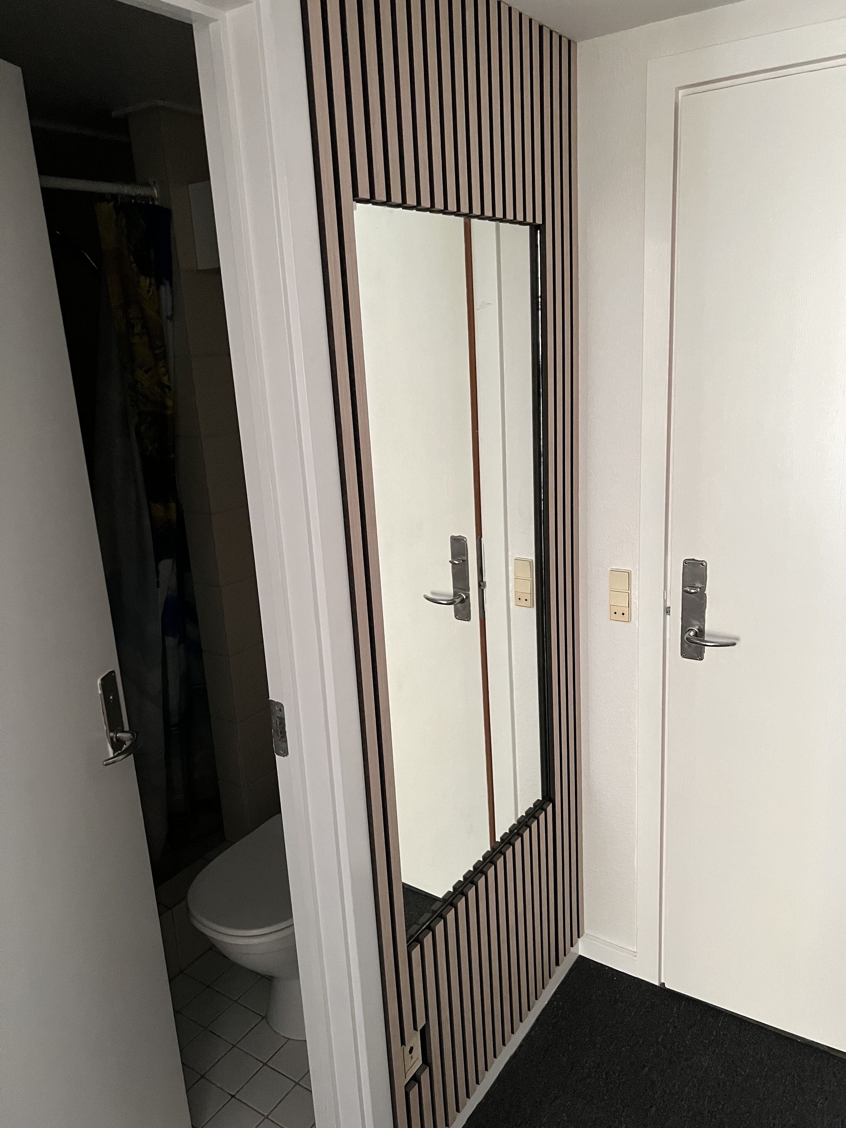 Une pièce avec une porte blanche, un miroir et des toilettes.