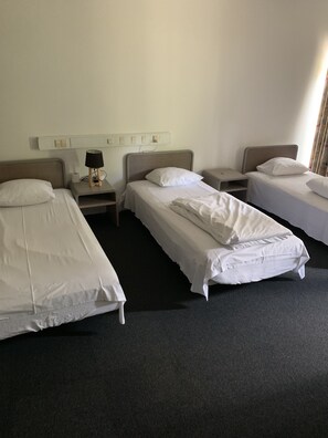 A hotel room with three single beds, a bedside table with a lamp, and a power outlet on the wall.
