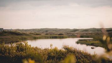 A serene landscape with a lake, grassy hills, and a small structure in the distance.