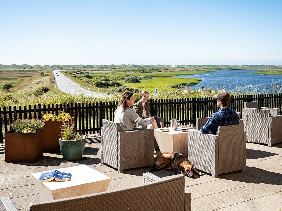 A terrace with wicker furniture, a dog, and a view of a road and water body.