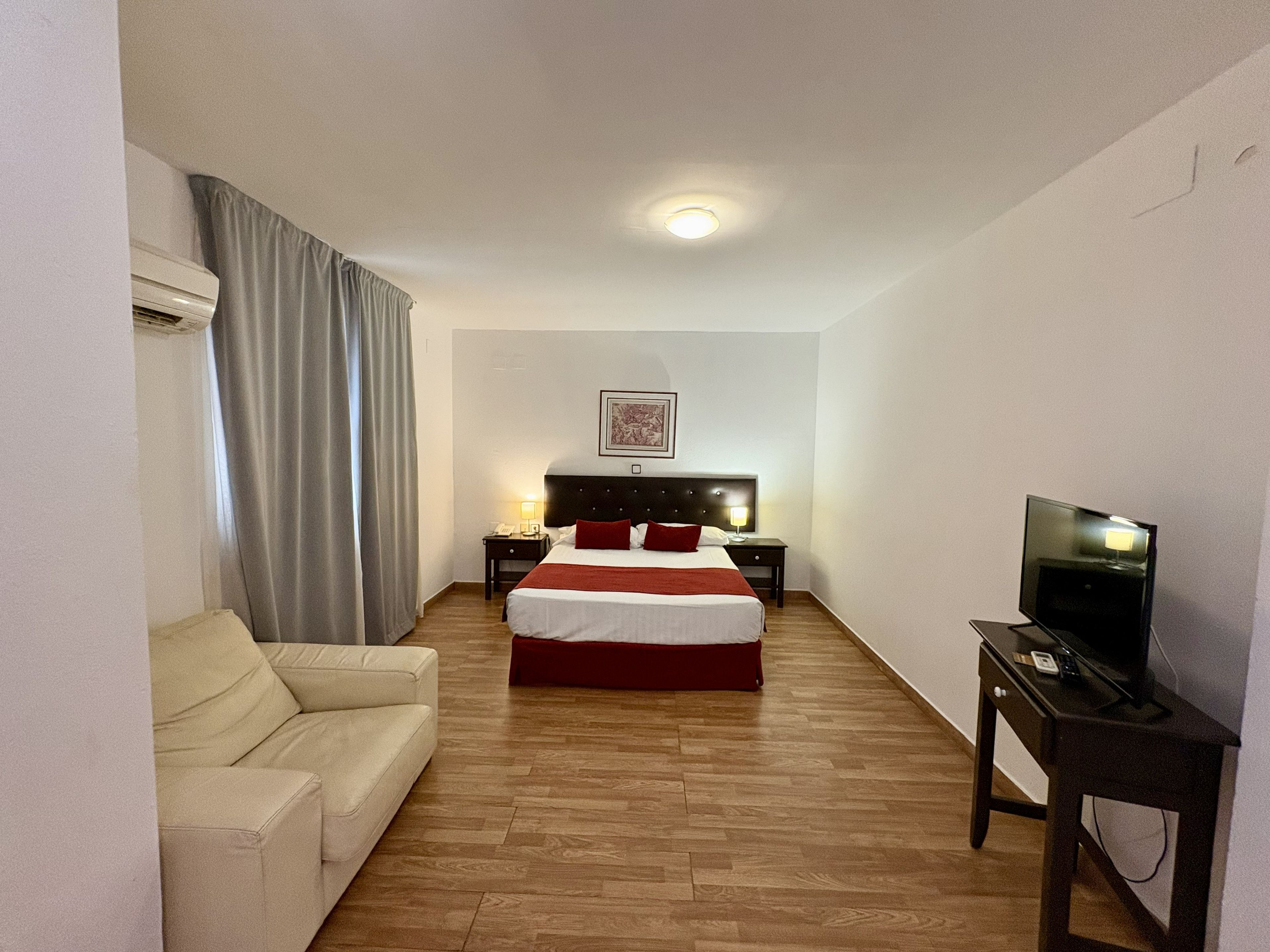 A hotel room with a bed, a bedside table with a lamp, a television on a stand, and a sofa.